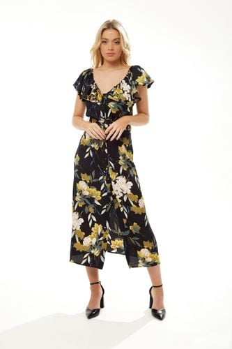 Womens Belted Midi Dress with Off Shoulder Sleeves in Navy Floral Print - - 14 - Liquorish - Modalova