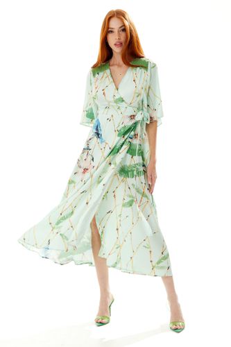 Womens Bird Print Maxi Wrap Dress in Mint with Lace Details - 8 - Liquorish - Modalova