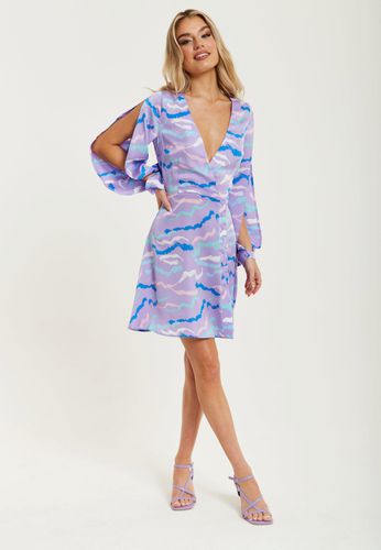 Womens Abstract Zebra Print Mini Dress In Lilac with Slit Sleeves - - 8 - Liquorish - Modalova
