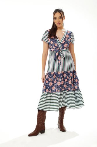 Womens Long Midi Frill Shirt Dress in Mixed Stripe & Floral Print - - 14 - Liquorish - Modalova