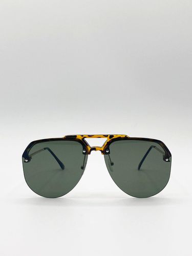Tortoiseshell 80's Half Rim Aviator Sunglasses with Green Lenses - - One Size - SVNX - Modalova