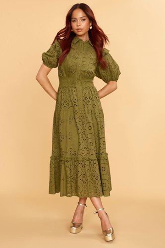 Womens Midi Shirt Dress With Puff Sleeves And Broderie Detail In Khaki - - 14 - ANOTHER SUNDAY - Modalova