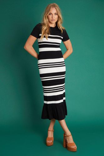 Womens Stripe Frill Hem Ribbed Knitted Midi Dress Mono - - S - ANOTHER SUNDAY - Modalova