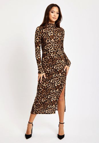 Womens Brushed Knit Leopard Print Midi Dress With Front Slit - - 6 - Liquorish - Modalova