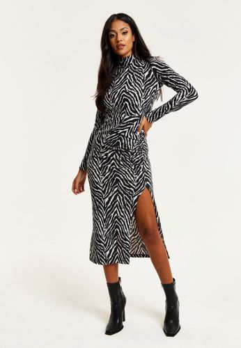 Womens Brushed Knit Mono Zebra Print Midi Dress With Front Slit - - 12 - NastyGal UK (+IE) - Modalova