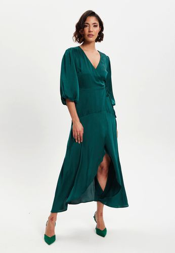 Womens Dark Midi Wrap Dress With Short Puff Sleeves - 12 - NastyGal UK (+IE) - Modalova