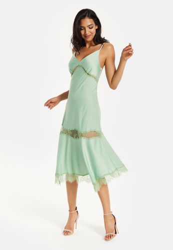 Womens Fine Lace Detail Strip Midi Dress In Sage - 8 - Liquorish - Modalova
