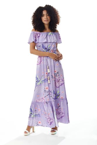 Womens Bird and Floral Print Off Shoulder Maxi Dress in Lilac - - 8 - Liquorish - Modalova