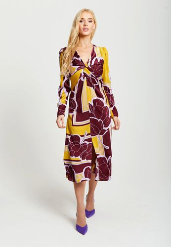 Womens Geometric Floral Print Knotted Midi Dress In Mustard And Burgundy - - 8 - Liquorish - Modalova