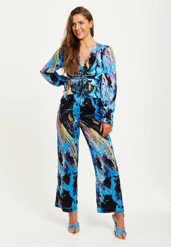Womens Multicolour Abstract Print Jumpsuit With Ruched Front And Long Sleeves - 16 - Liquorish - Modalova