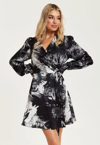 Womens Mono Abstract Print Mini Wrap Dress With Long Sleeves - - 6 - NastyGal UK (+IE) - Modalova