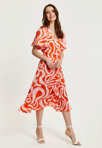 Womens Pink And Red Abstract Print Midi Wrap Dress - - 12 - Liquorish - Modalova