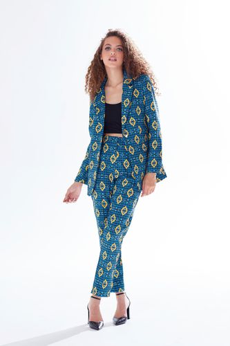 Womens African Print Suit Blazer in Blue, Yellow & Navy - - L - Liquorish - Modalova