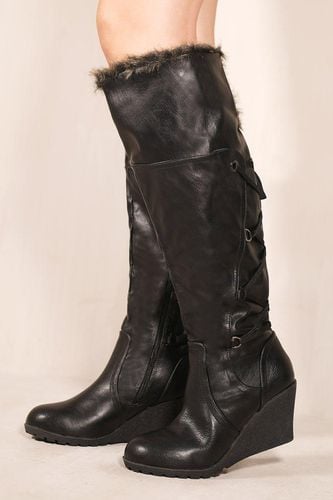 Womens 'Bridget' Wedge Heel Mid Calf High Boots With Fur & Lace Up Detail - - 6 - NastyGal UK (+IE) - Modalova