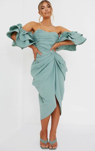 Womens Sage Bardot Frill Sleeve Draped Midi Dress - 6 - NastyGal UK (+IE) - Modalova