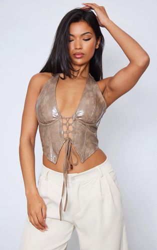 Womens Stone Washed Faux Leather Lace Up Plunge Halter Neck Top - - 8 - NastyGal UK (+IE) - Modalova