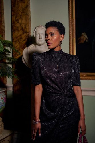 Womens Puff Sleeve Midi Jacquard Dress With Knot Detail In - 6 - NastyGal UK (+IE) - Modalova