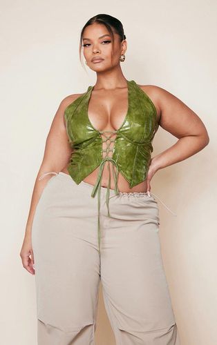 Womens Plus Olive Washed Faux Leather Lace Up Plunge Halterneck Top - - 22 - NastyGal UK (+IE) - Modalova