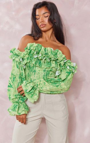 Womens Lime Renaissance Print Ruffle Hem Off Shoulder Long Sleeve Blouse - - 4 - NastyGal UK (+IE) - Modalova