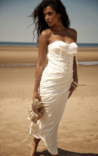 Womens Premium Cream Textured Lace Up Bandeau Ruched Midaxi Dress - - 8 - NastyGal UK (+IE) - Modalova