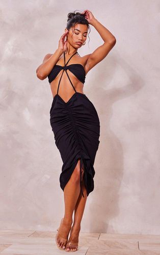 Womens Linen Look Halterneck Ruched Front Cut Out Midi Dress - 6 - NastyGal UK (+IE) - Modalova