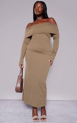 Womens Plus Khaki Crepe Long Sleeve Bardot Maxi Dress - - 20 - NastyGal UK (+IE) - Modalova