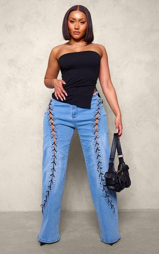 Womens Shape Light Denim Lace Up Front Raw Waist Wide Leg Jeans - 12 - NastyGal UK (+IE) - Modalova