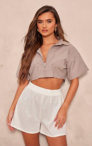 Womens Taupe Linen Look Zip Front Crop Utility Shirt - - 16 - NastyGal UK (+IE) - Modalova
