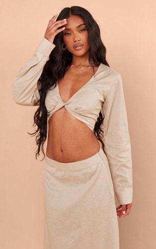 Womens Taupe Linen Look Twist Front Cropped Shirt - - 16 - NastyGal UK (+IE) - Modalova