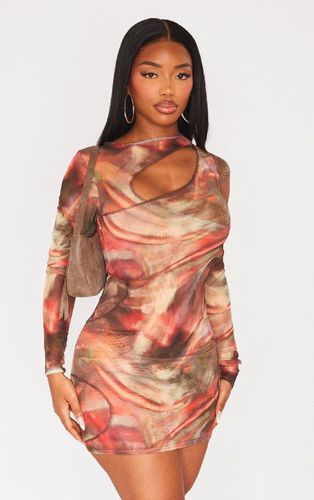 Womens Shape Abstract Printed Mesh Asymmetric Multi Cut Out Long Sleeved Dress - 6 - NastyGal UK (+IE) - Modalova
