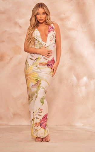 Womens Cream Floral Print Plisse Cowl Plunge Maxi Dress - - 4 - NastyGal UK (+IE) - Modalova