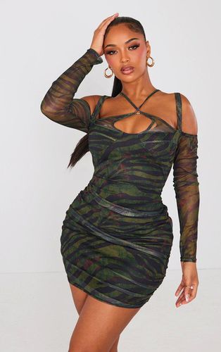 Womens Shape Tiger Print Mesh Ring Halterneck Ruched Bodycon Dress - 6 - NastyGal UK (+IE) - Modalova