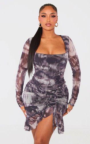 Womens Shape Grunge Printed Mesh Ruched Side Frill Hem Bodycon Dress - 6 - NastyGal UK (+IE) - Modalova