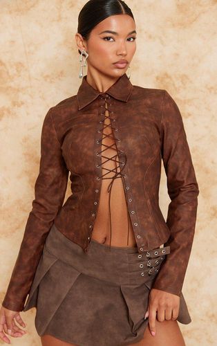 Womens Washed Faux Leather Lace Up Long Sleeve Fitted Shirt - 6 - NastyGal UK (+IE) - Modalova