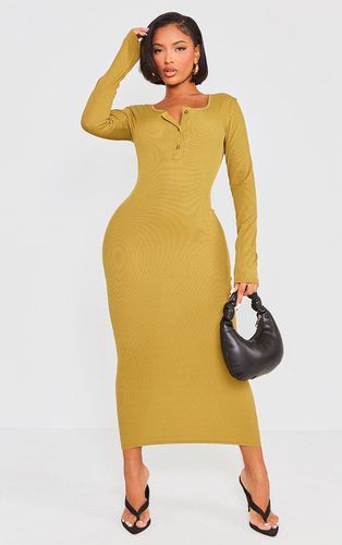 Womens Shape Olive Ribbed Button Front Long Sleeve Midaxi Dress - - 8 - NastyGal UK (+IE) - Modalova