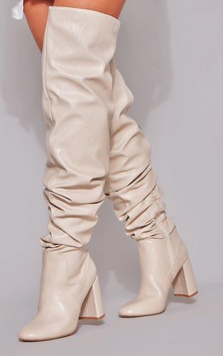 Womens Cream Matte Pu Round Toe Ruched Over The Knee Block Heeled Boots - - 3 - NastyGal UK (+IE) - Modalova