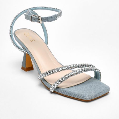 Womens Denim Diamante Asymmetric Heeled Sandals - - 4 - Quiz - Modalova