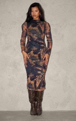 Womens Abstract Ruched Mesh Long Sleeve Midi Dress - 4 - NastyGal UK (+IE) - Modalova