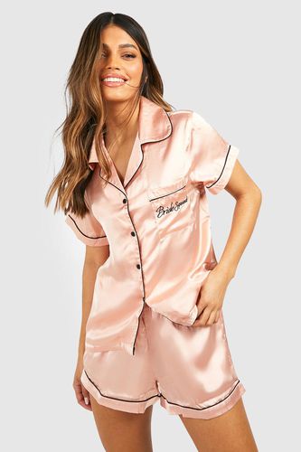 Womens Bride Squad Embroidered Satin Short Set - - 14 - boohoo - Modalova