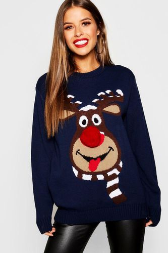 Womens Petite Reindeer Pom Pom Christmas Jumper - - L - boohoo - Modalova