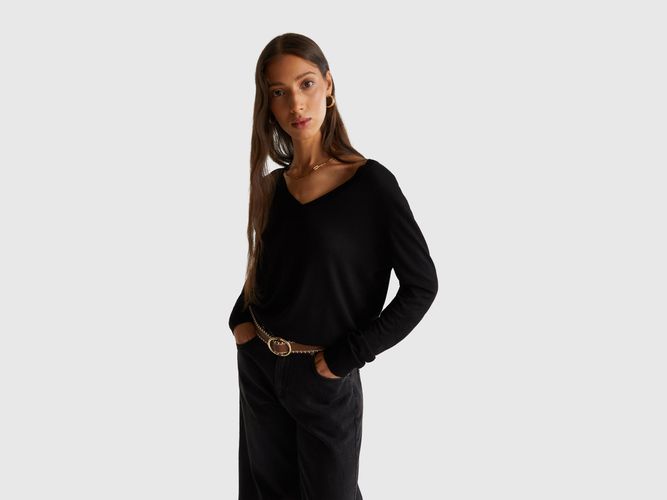 Benetton, Pull Col V En Mélange De Soie, Taille: L, Noir - United Colors of Benetton - Modalova