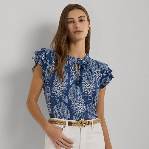 Floral Linen-Blend Jersey Tie-Neck Top - Lauren - Modalova