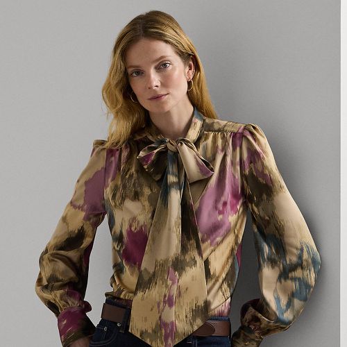 Floral Satin Charmeuse Tie-Neck Blouse - Lauren - Modalova