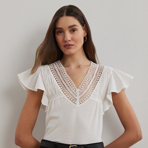 Lace-Trim Jersey Flutter-Sleeve T-Shirt - Lauren - Modalova