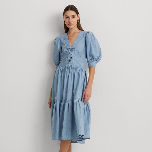 Petite - Chambray Puff-Sleeve Dress - Lauren Petite - Modalova