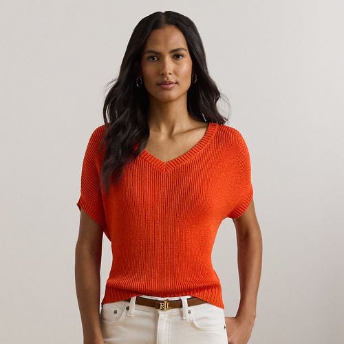 Petite - Rib-Knit Short-Sleeve V-Neck Jumper - Lauren Petite - Modalova