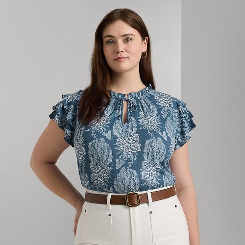 Curve - Floral Linen-Blend Jersey Tie-Neck Top - Lauren Curve - Modalova