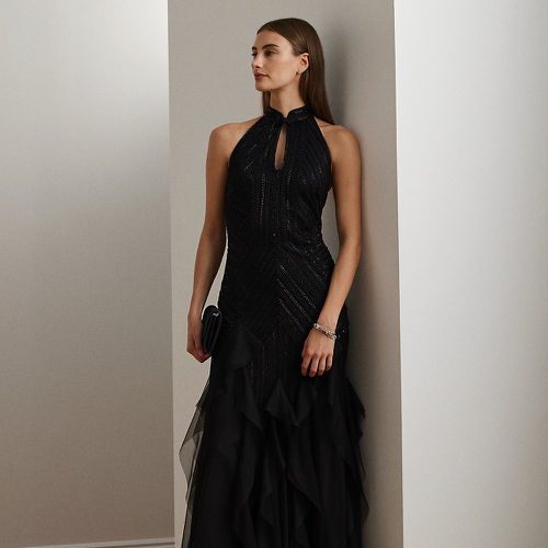 Ruffle-Trim Beaded Mesh Halter Gown - Lauren - Modalova