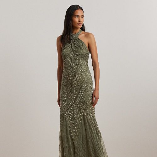 Beaded Mesh Sleeveless Halter Gown - Lauren - Modalova