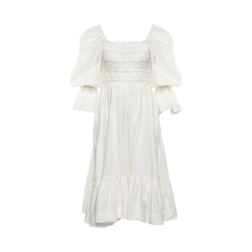 Amelia Ruched Midi Linen Dress in Dove - Vasiliki - Modalova